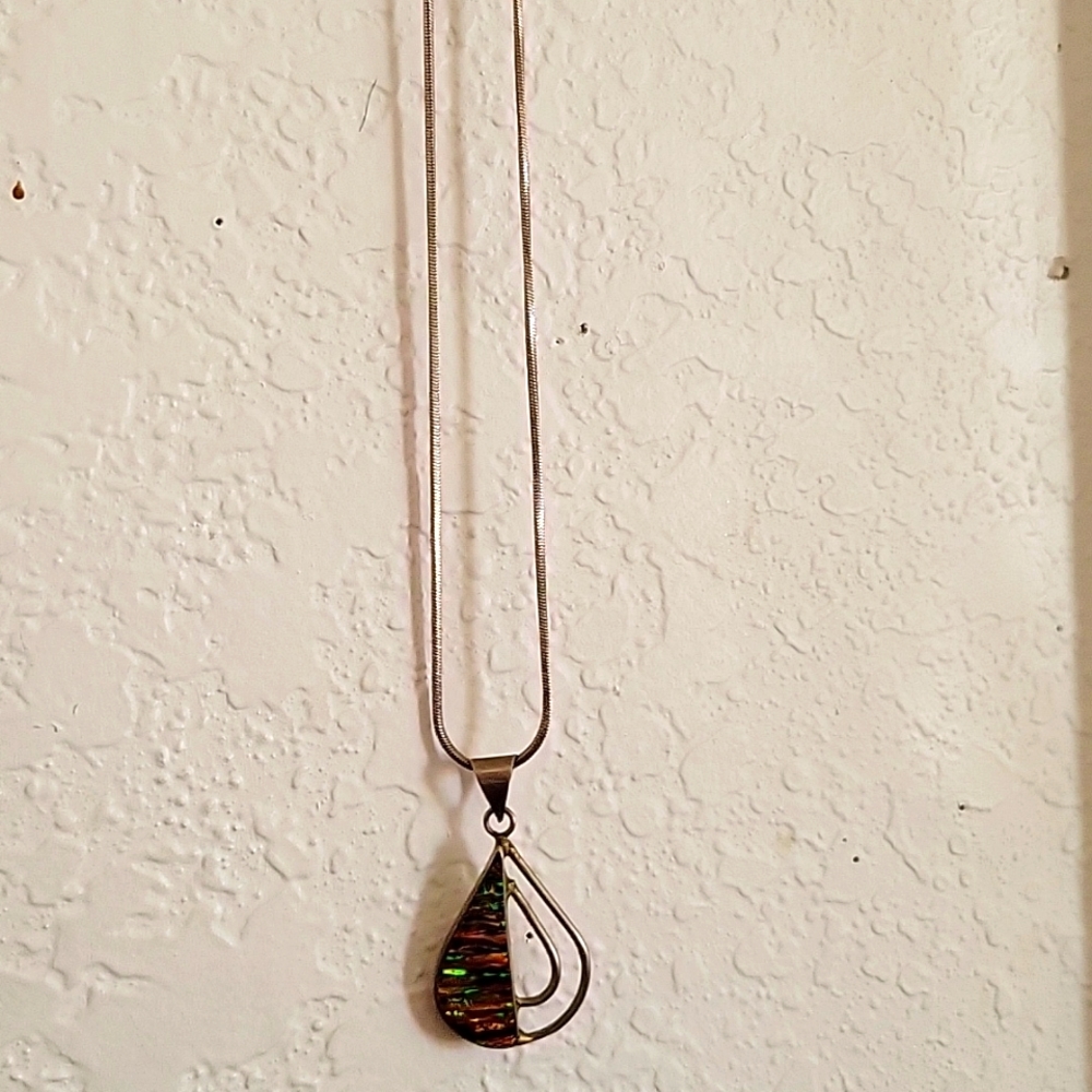 Manufactured opal with silver chain